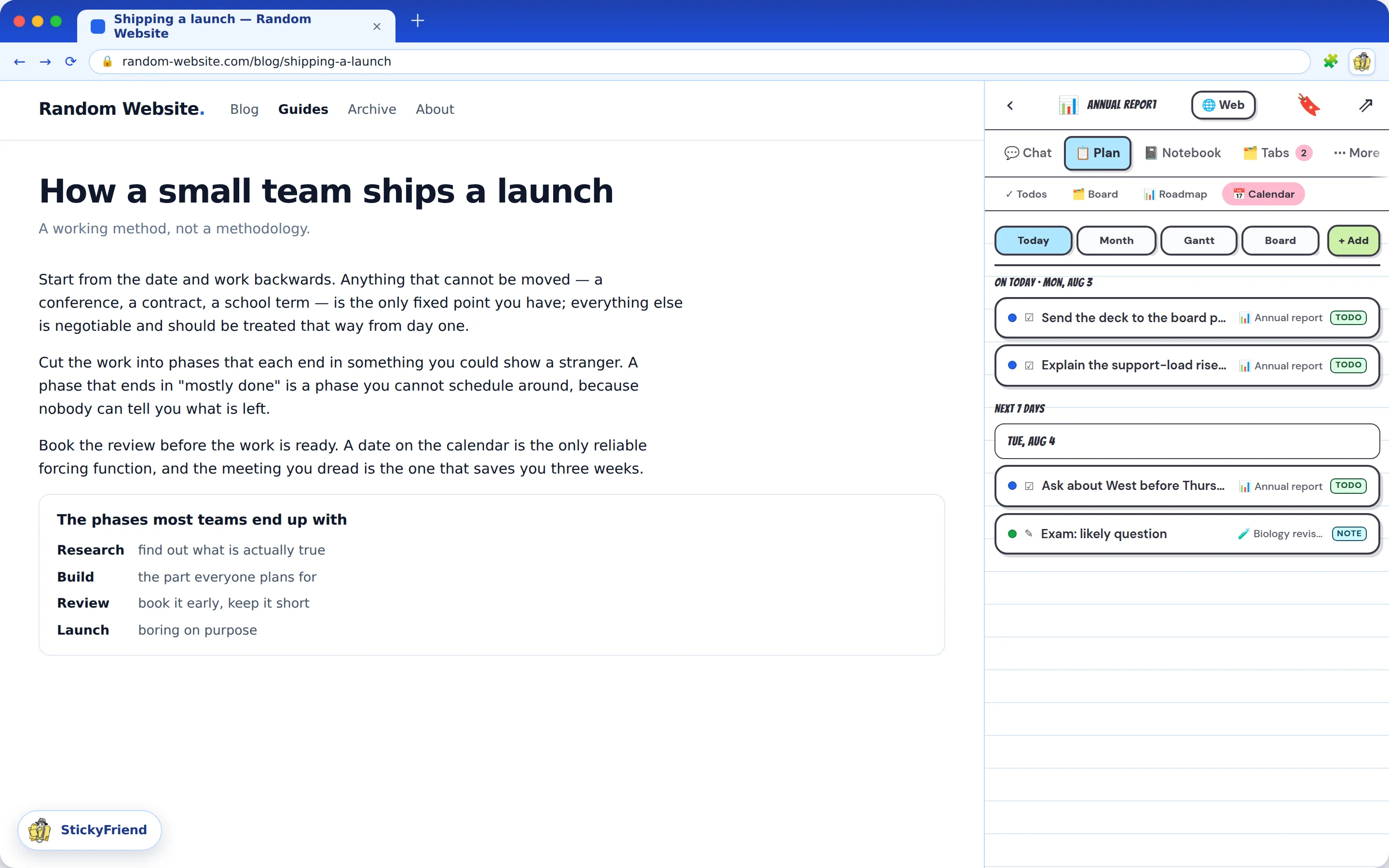 The StickyFriend calendar inside the Chrome side panel