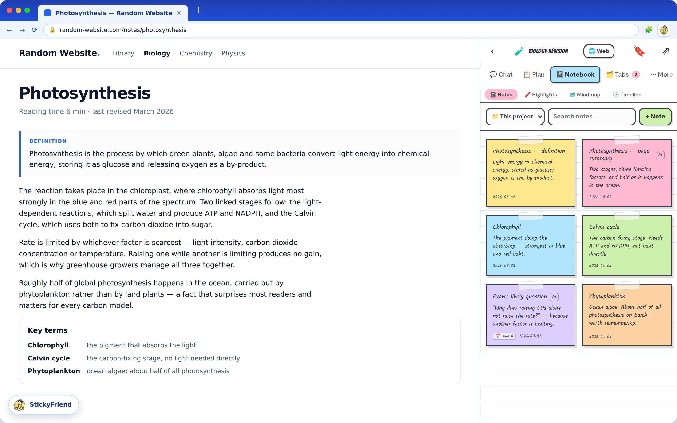 Capturing a note from a web page in the StickyFriend side panel