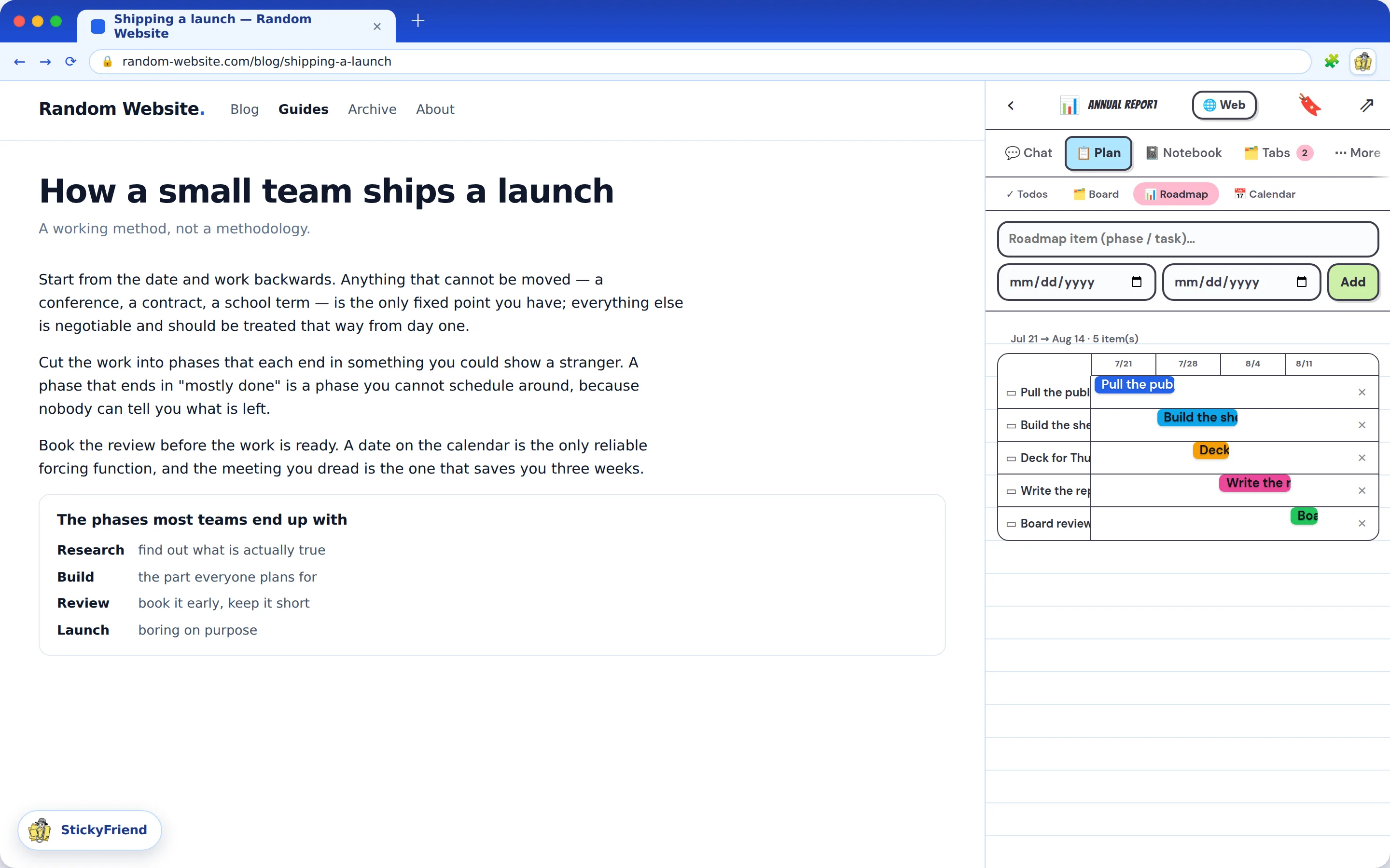 Planning a roadmap from the StickyFriend Chrome side panel