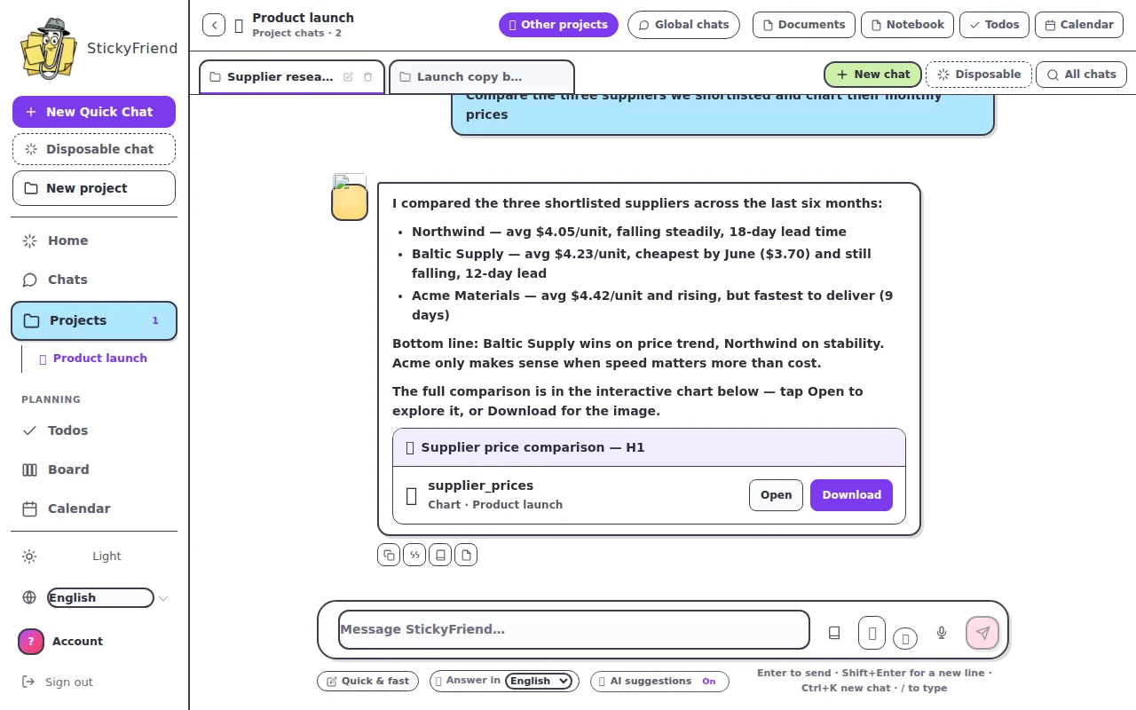StickyFriend chat comparing three suppliers and offering the result as a downloadable chart