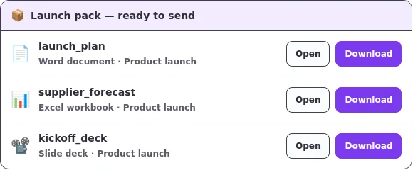 A generated file handed over as a card with open and download buttons