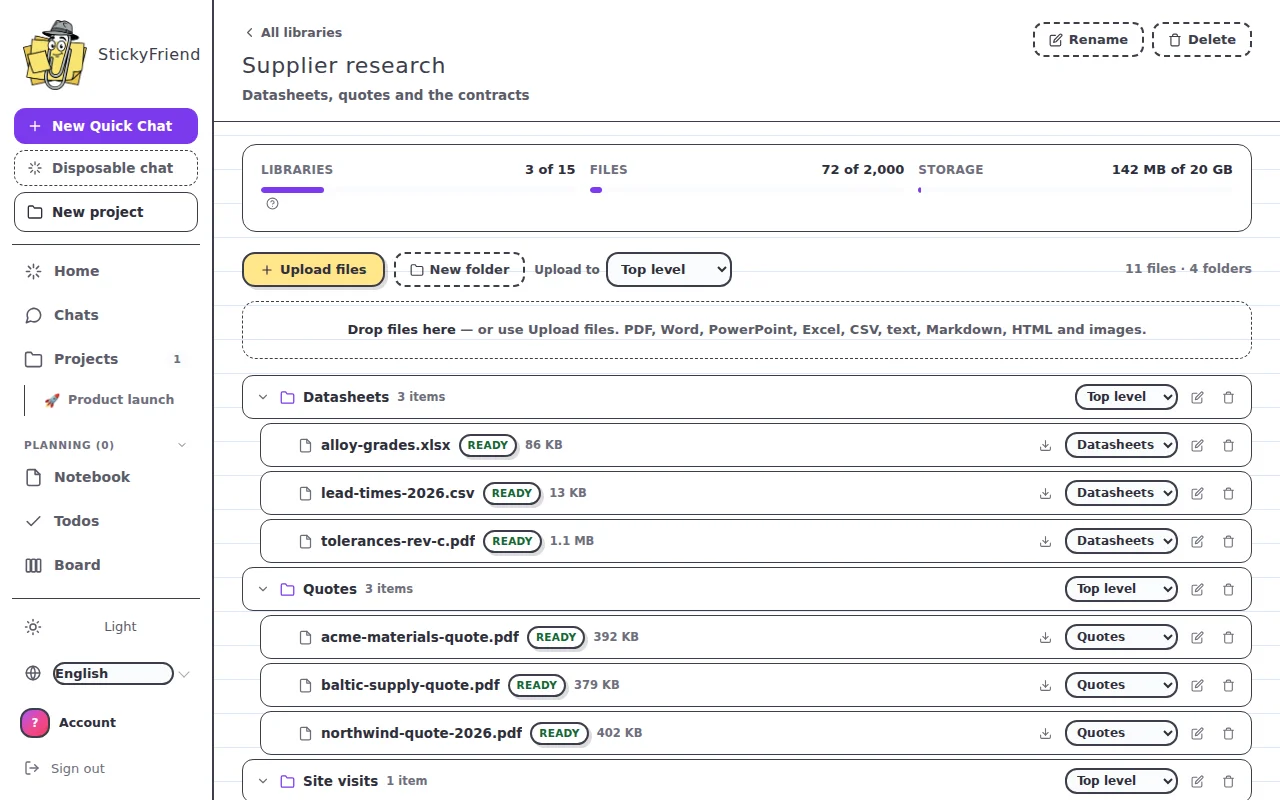 Asking questions across uploaded PDFs, with each answer citing its source file