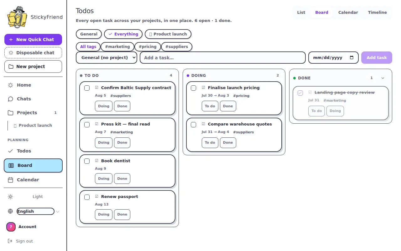 StickyFriend kanban board with to-dos arranged by status