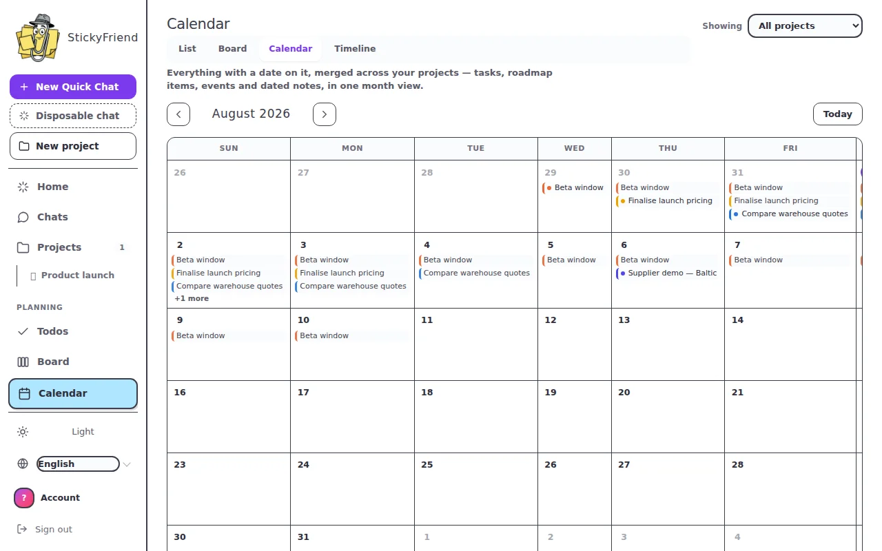 StickyFriend calendar showing to-dos, events and roadmap bars on one grid