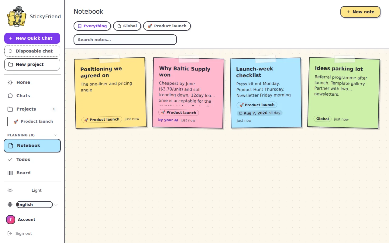 The StickyFriend notebook, where notes from the user and the assistant sit together