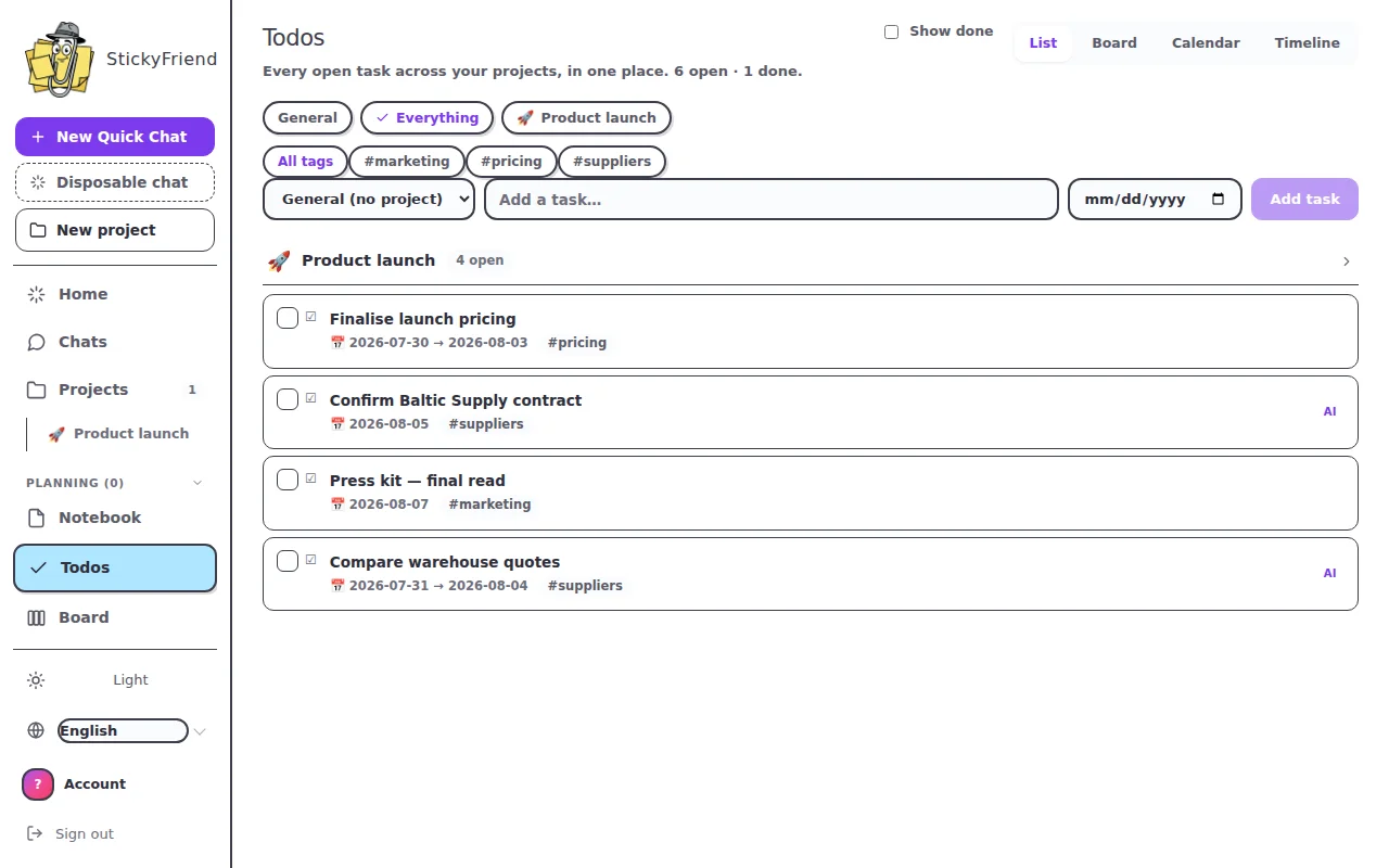 StickyFriend to-do list with due dates, grouped by subject